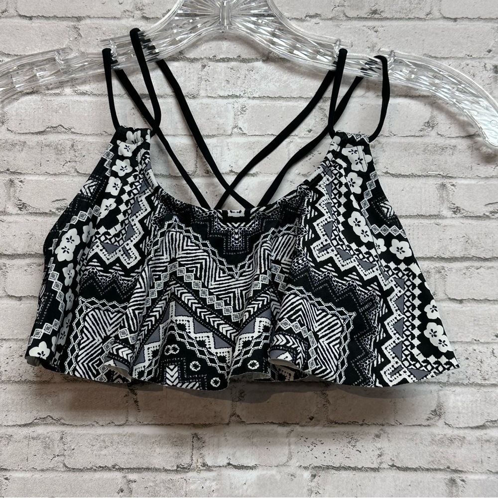 Arizona Jeans Co. Womens Size Small Swim Top Black White Floral Geometric Ruffle